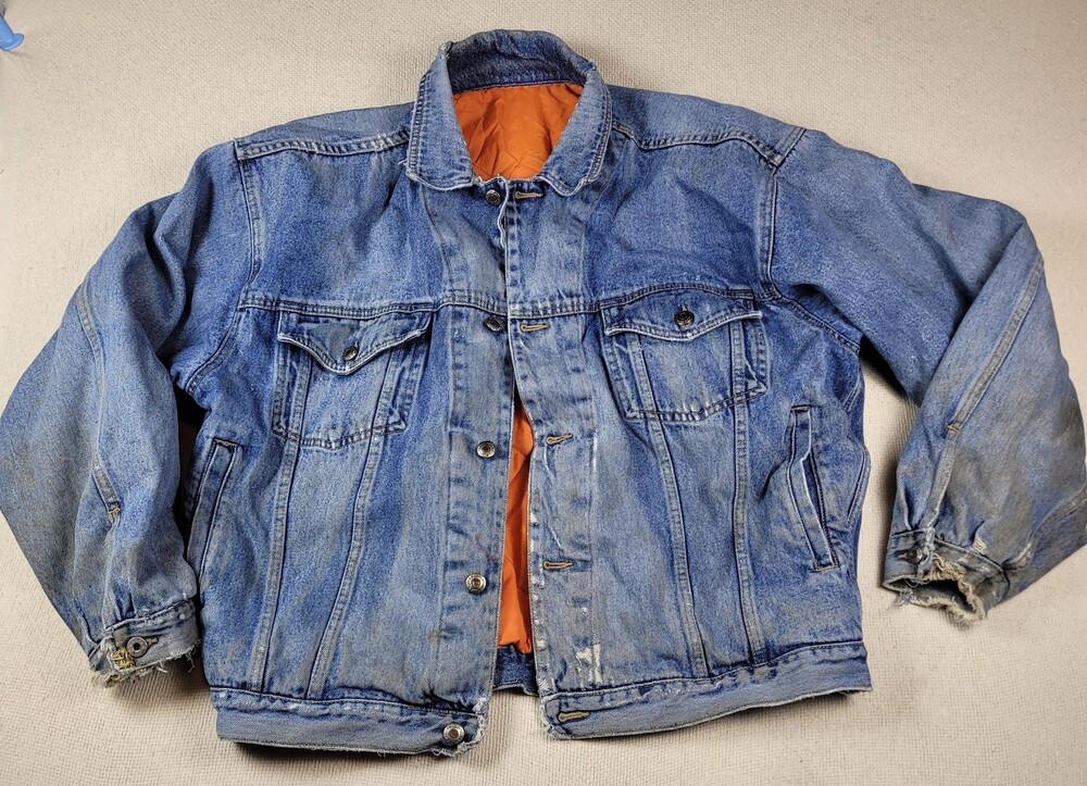 Vintage BUGLE BOY Jacket Mens XL Distressed Blue Denim Trucker Quilted Lined 90s